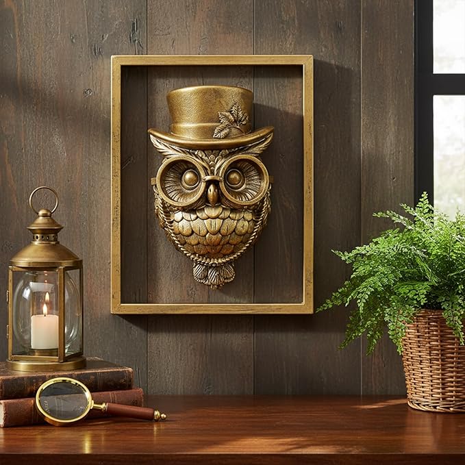 Newinhome Animal Heads Wall Decor (Includes Metal Frame) Halloween Resin Animals Sculptures Head Wall Hanging Decoration Gold vintage Wall Sculpture for Living Room Bedroom Office(Owl)