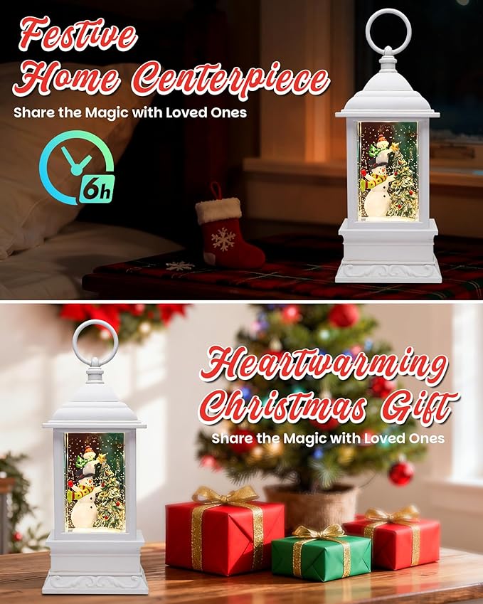 Christmas Snowman Snow Globe Light up Lantern with 8 Songs, 10.83" White Christmas Snow Globes for Kids Adults, 6H Timer & Dual Power, Snowglobes Christmas Decorations Indoor, Gifts for Women Men