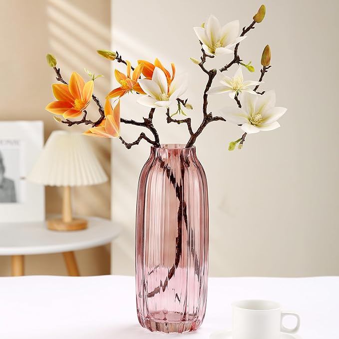 Large Ribbed Tall Pink Glass Vase - 12.0" Decorative Floor Vase for Home Table Centerpieces and Farmhouse