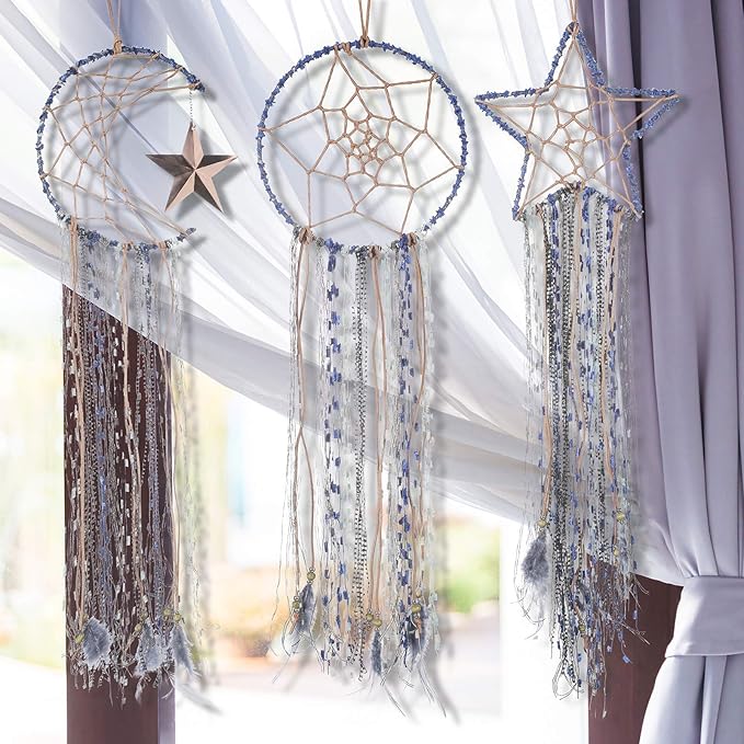 Jetec 3 Pieces Blue Dream Catcher Star Moon Sun Handmade Feather Dreamcatcher Wall Decor for Bedroom Nursery Wall Hanging Home Spring Decoration Festival Gift