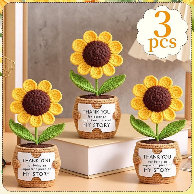 Wavwavw 3 Pack Teacher Appreciation Gift Positive Flower Handmade Crochet Doll Thank You for Helping Me Grow Gifts Back to School Gifts for Women Teacher(Puzzle Sunflower)