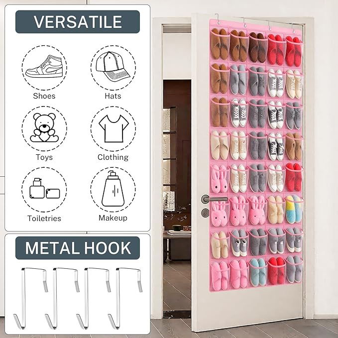 40-Pocket Over the Door Shoe Organizer - Large Mesh Pocket Hanging Shoe Organizer,Behind the Door Shoes Storage Holder Hanger (Pink)
