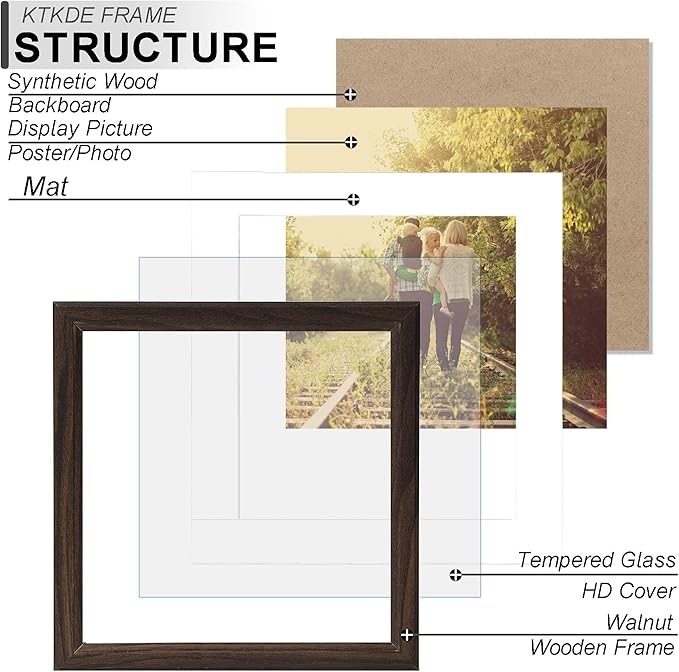 KTKDE 12x12 Picture Frame Real Glass, Display Pictures 8x8 with Mat or 12x12 Without Mat, Modern Style Wood Composite Frame,Gallery Wall Frame Wooden Walnut ，best gift