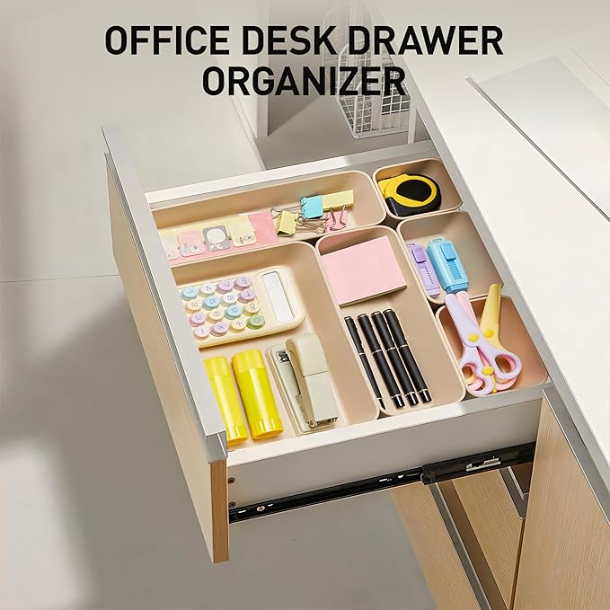 ISSEVE 8Pcs Nesting Silicone Drawer Organizer Trays, 4 Size Versatile Vanity Bathroom & Desk Drawer Organizer Set Storage Bins for Office,Kitchen,Nightstand,Beige