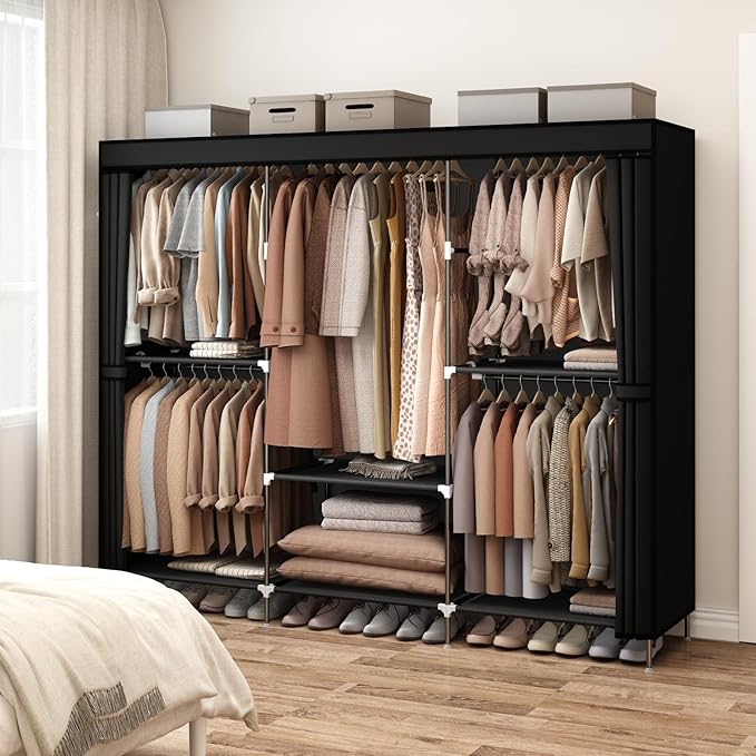 83" Closet Wardrobe, Portable Closet for Bedroom, Freestanding Clothes Rack with Non-Woven Fabric Cover, 5 Hanging Rods, 6 Storage Shelves, Clothes Storage Organizer, Black
