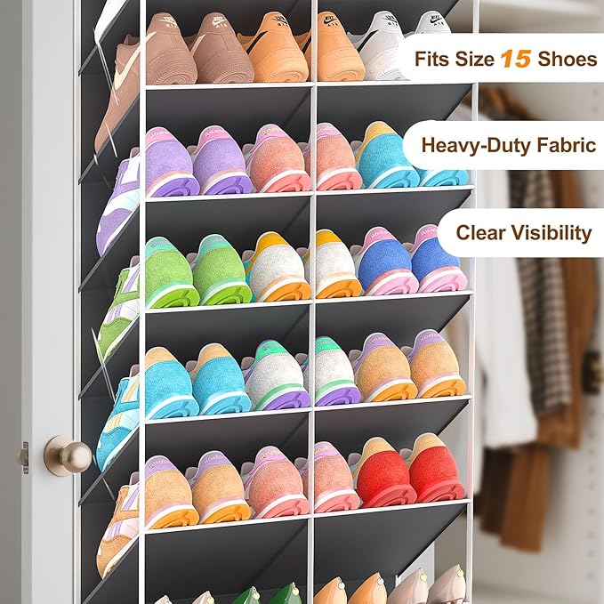 20-30 Pairs Over the Door Shoe Organizer, Clear Pockets Hanging Shoe Storage for Closet, 10-Tier Door Shoes Rack, Handing Shoes Holder Fit All the Family's Sneakers, Boots, Heels, Dark Grey