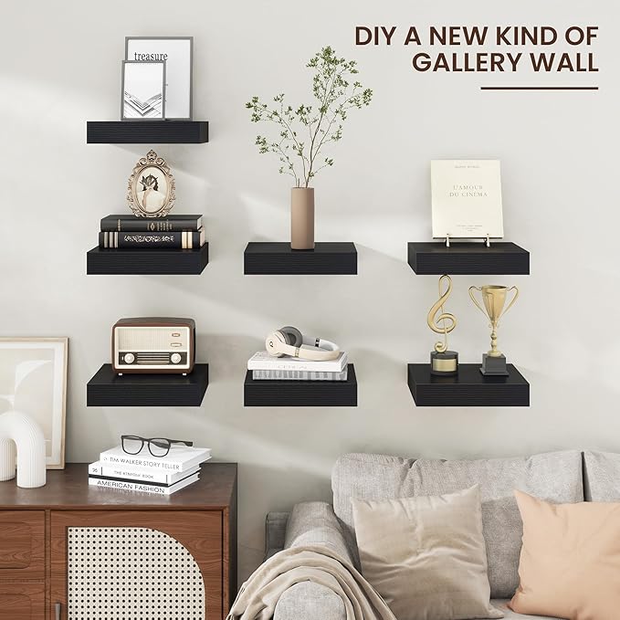 Venusmiles Square Floating Shelves for Wall, 12" W x 12" D x 2" H, 2 Pack of Small Wall Mounted Engineered Wood Shelves with Invisible Brackets for Living Room, Bedroom, Bathroom, Kitchen Decor, Black