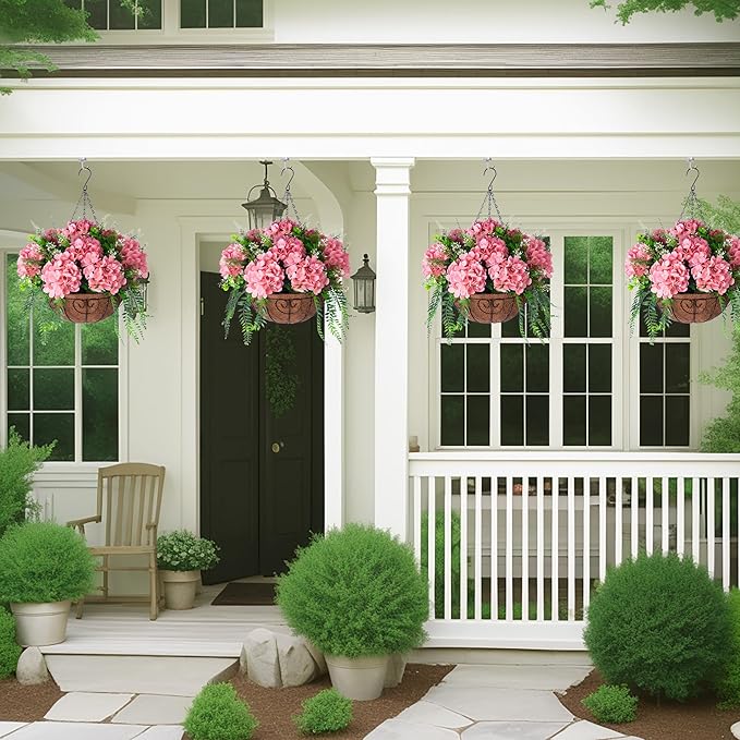 Artificial Hanging Hydrangea Flowers with Basket for Outdoor Spring Decoration, Fake Silk Hydrangea Flower Outdoor Indoor Arrangements, Fake Hanging Plants for Balcony Garden Yard Decor(Champagne)