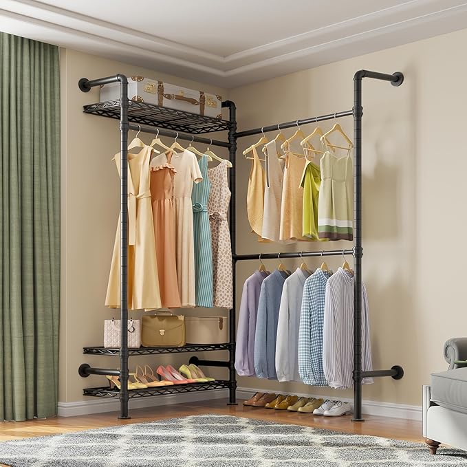 Timate L2 Wall Mounted Clothes Rack Industrial Pipe Clothing Rack for Hanging Clothes, Adjustable Expandable Garment Rack Heavy Duty Closet Organizer, Black Mounted Storage Industrial Closet System