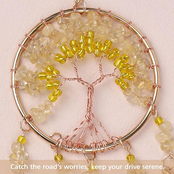 Pretty Jolly Small Tree of Life Crystal Stone Dream Catchers Yellow Feathers Mini Dreamcatchers for Cars Rear View Mirror Hanging Decoration Good Luck Travel Charm Bedroom Ornaments for Women Girls