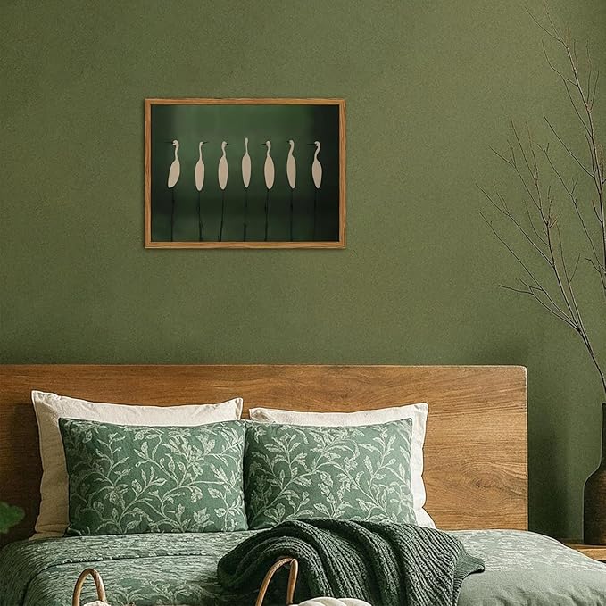 Framed Japanese Cranes Wall Art, Vintage Bird Pictures Wall Decor Paintings, Rustic Nature Animal Canvas Prints Minimalist Green Home Decor for Living Room Bedroom Office 12x16 inch