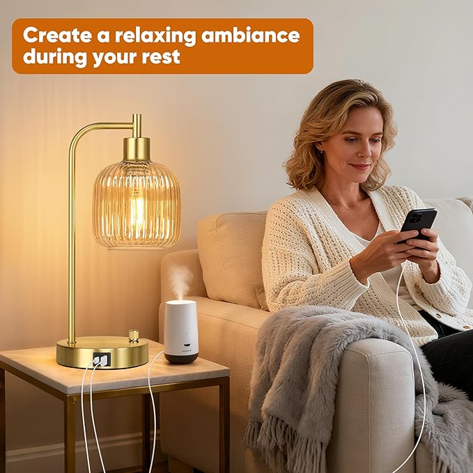 QiMH Industrial Table Lamp for Bedroom Set of 2, Champagne Glass Beside Lamp with USB A&C Ports, Stepless Dimmable Gold Lamps, Nightstand Lamps for Living Room, Office, Home Decor(Bulb Included)