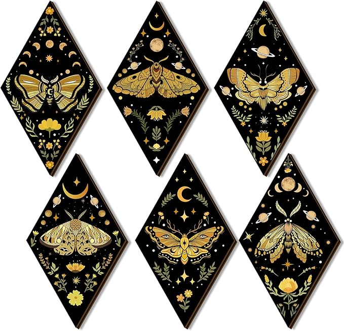 Sintuff 6 Pieces Gothic Wall Decor Boho Sun Moon Phases Wall Art Gothic Minimalist Stars Sun Hanging Wooden Home Decor Farmhouse Pediments for Gallery Living Bedroom Room(Moth)