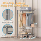 Homdox Garment Rack Heavy Duty, 3 Tier Rolling Clothing Racks for Hanging Clothes, Metal Wardrobe Closet, Free-Standing Clothes Organizer Rack with Double Rods & Side hooks, Gray