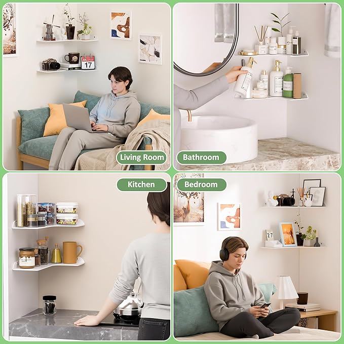 Sezanrpt 8x11.8 Inch Corner Shelf Wall Mount Set of 2, White Acrylic Corner Floating Shelves, Wall Organizer Shelf for Bathroom, Kitchen, Bedroom, Living Room, Dining Room, Office