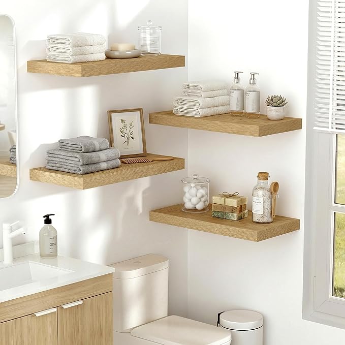 Vivelove 10" Deep Floating Shelves Over Toilet, 24" Wall Shelves for Bathroom Bedroom Kitchen Living Room Laundry Room, Modern Rustic Shelves for Home Decor, 24"x10.2"x1.5", Set of 2, Oak
