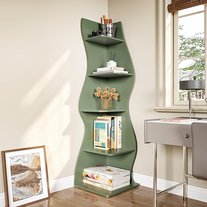 LITTLE TREE Small Corner Shelf, Modern 5-Tier Wall Corner Bookshelf, Stylish Bookcase Storage Rack for Small Space, Living Room, Bedroom