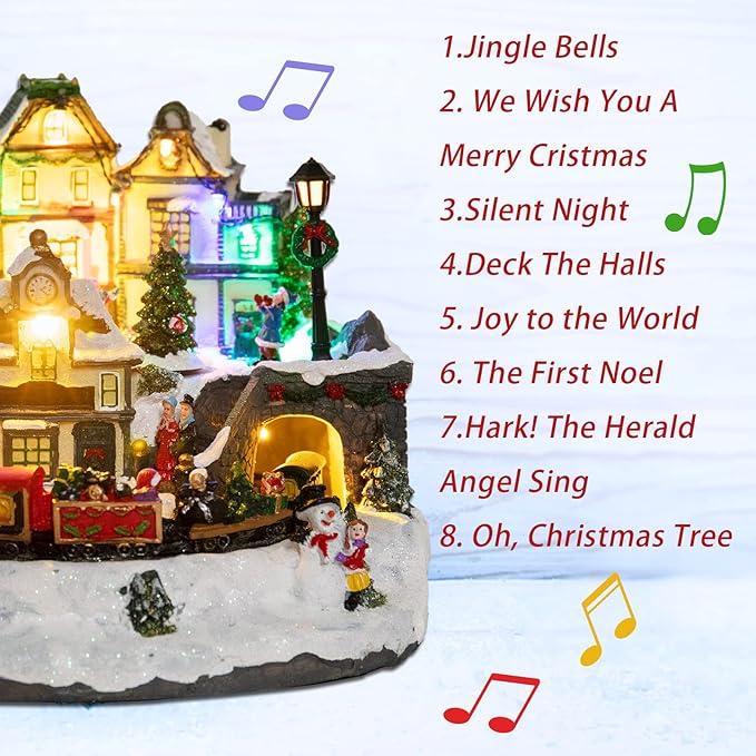 MUMTOP Christmas Village House Decoration, Colourful LED Lights Light Up Bell Tower and Buildings, Rotating Christmas Trees with Music for Indoor Holiday Xmas Tabletop Decor
