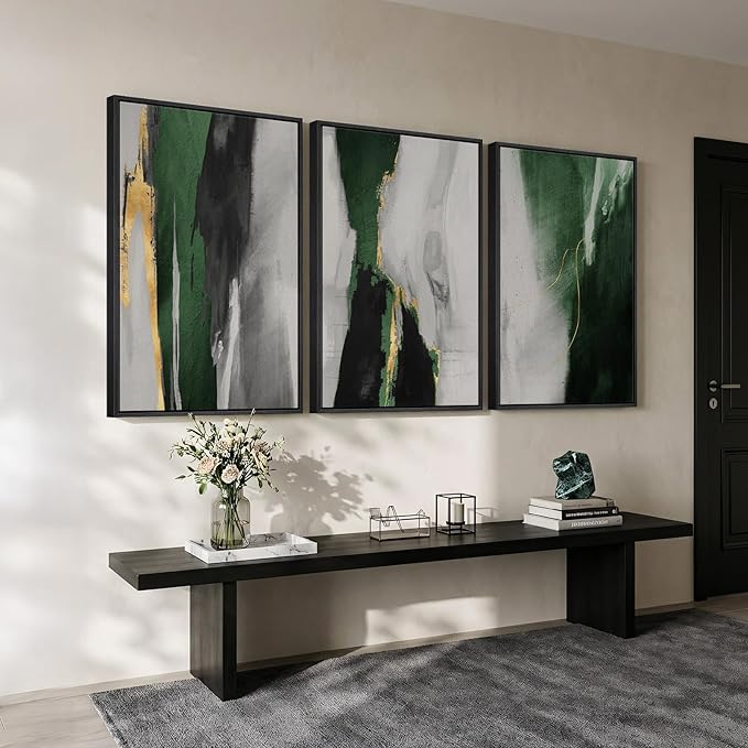 Large Framed Green Abstract Wall Art for Living Room, 3 Piece Modern Canvas Prints Paintings Artwork for Walls, Green Black Gold Abstract Pictures for Hallway Dining Bedroom Office Wall Decor 24x36 In
