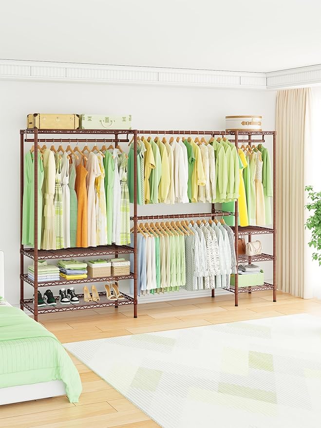 Ulif E11 Heavy-Duty Garment Rack, Metal Freestanding Clothes Rack and Closet Storage Organizer System with 8 Shelves and 4 Hanger Rods, (73.2-97.6)" W x 14.5" D x 71.2" H, Load 1034 LBS, Bronze
