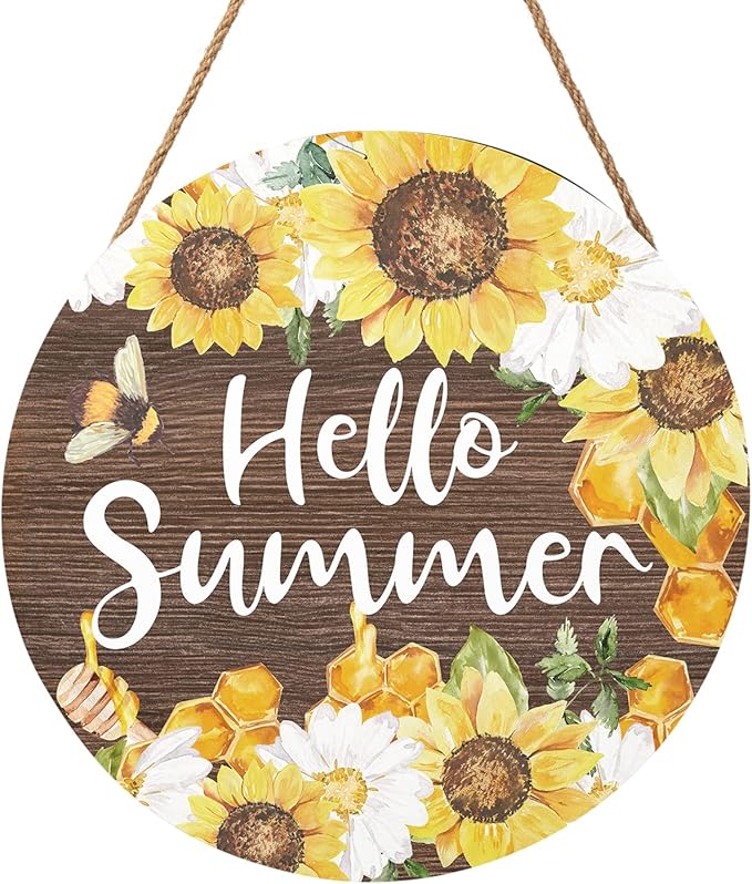 Hello Summer Sign 12 x 12 Inch Summer Themed Sunflower Welcome Sign Front Door Decor Farmhouse Porch Decoration Sunflower Round Wooden Hanging Sign for Home Garden Farmhouse Yard
