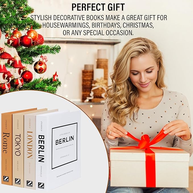 PROBENEX Warm Mocha Faux Decorative Books Set of 4 – Modern Farmhouse Brown Coffee Table Book Stack | Rustic Neutral Shelf Decor for Cozy Living Room, Bedroom & Country Modern Home Styling