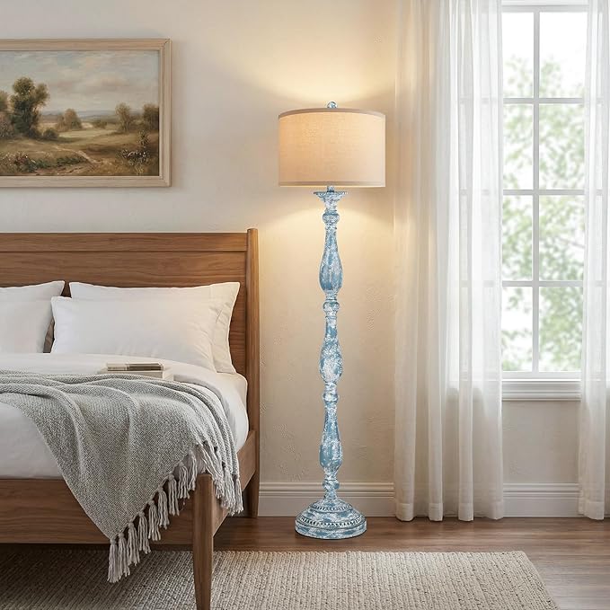 PARTPHONER Vintage Floor Lamp for Living Room, Rustic Farmhouse Standing Lamp with Rotary Switch and Linen Shade, Retro Resin Floor Lamp for Bedroom, Corner, Dining Room, House Decor, Wash Blue
