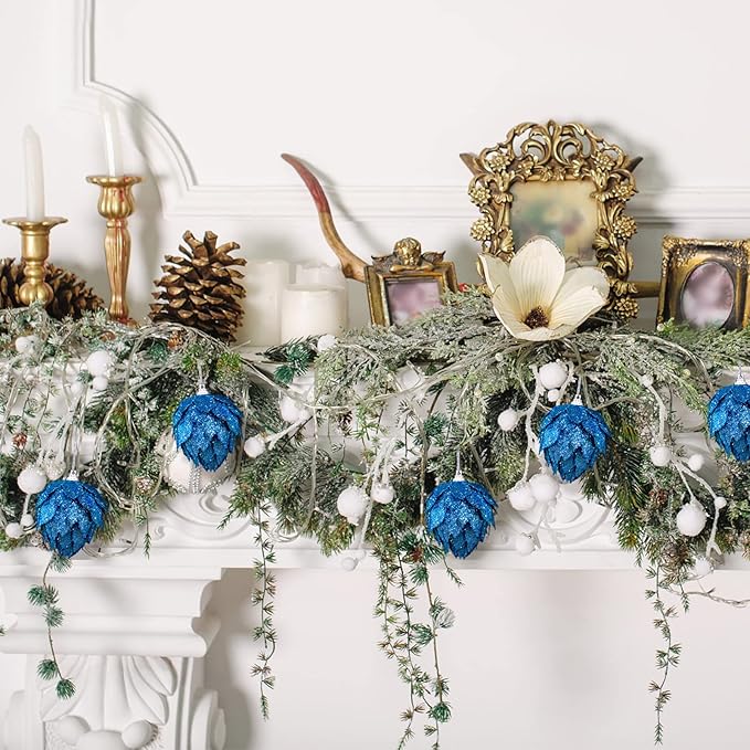 Jetec 8 Pieces Christmas Ornaments Glitter Christmas Tree Hanging Decoration Decorative Artificial Pine Cones Flowers Hanging Ornaments for Winter Wreath Holiday Decor(Blue)