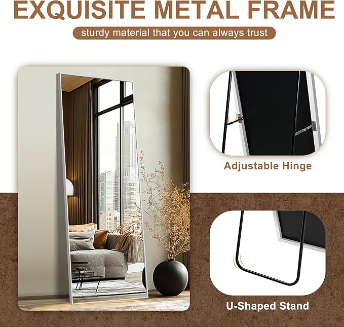 Delma Full Length Mirror,Large Floor Mirror with Aluminum Frame for Bedroom, Bathroom, Living Room,Wall Mount or Freestanding Design(with Stand,Rect 69x24-Silver)