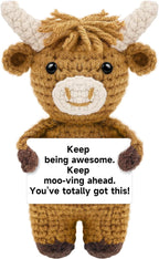 DAFURIET Handmade Positive Crochet Highland Cow, Emotional Stuffed Animal Doll Gifts for Women/Men, Cute Birthday Graduation Present for Friend, Coworker, Son, Daughter