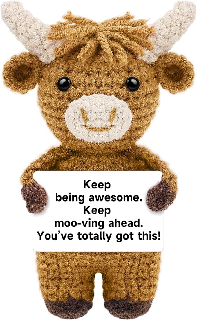 DAFURIET Handmade Positive Crochet Highland Cow, Emotional Stuffed Animal Doll Gifts for Women/Men, Cute Birthday Graduation Present for Friend, Coworker, Son, Daughter
