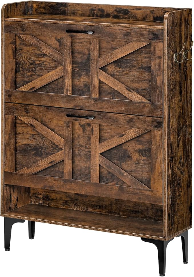 Shoe Storage Cabinet, Shoe Organizer with 2 Flip Drawers, Hidden Shoe Storage for Entryway, Freestanding Organizer with Open Storages, Rustic Brown SHHR9401N1