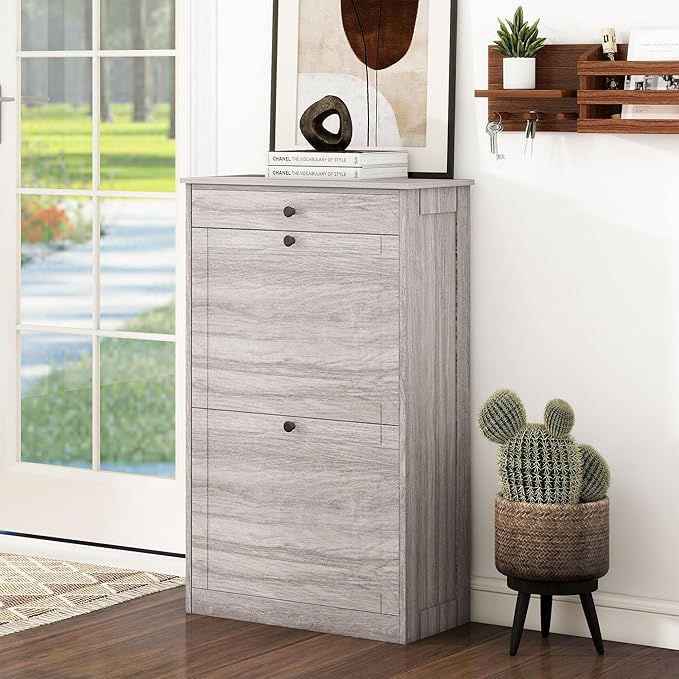 Shoe Storage Cabinet with 2 Flip Drawers, Narrow Freestanding Hidden Shoe Rack Cabinet, Pet-Proof Shoe Organizer for Closet, Entryway, Hallway, Wash Grey
