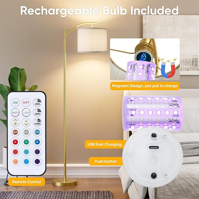 Battery Operated Floor Lamp, RGB Dimmable Cordless Standing Lamp with Remote Control for Living Room, Tall Floor Lamp for Bedroom -Gold