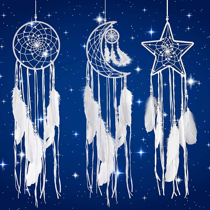 Jetec 3 Pcs Dream Catcher Moon Sun Star Design Handmade Traditional Craft Ornament Wall Art Hanging Home Decoration for Bedroom Room Decor Wedding Halloween Christmas Decorations Gift(White)
