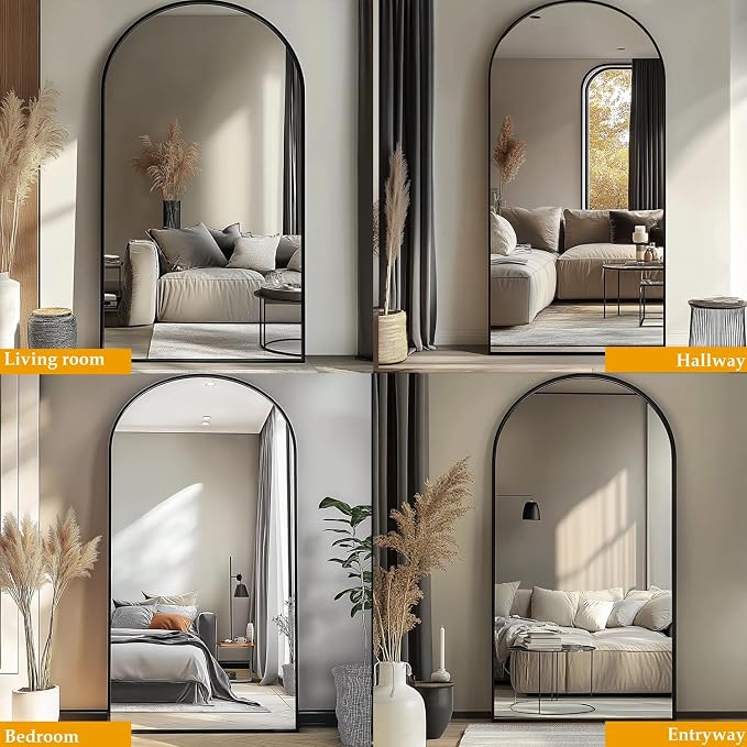 Prywot Arched Full Length Mirror, 71"x30" Free Standing Floor Mirror, Modern Full Body Mirrors with Stand, Wall Mirrors with Aluminum Alloy Frame for Bedroom,Living Room, Black