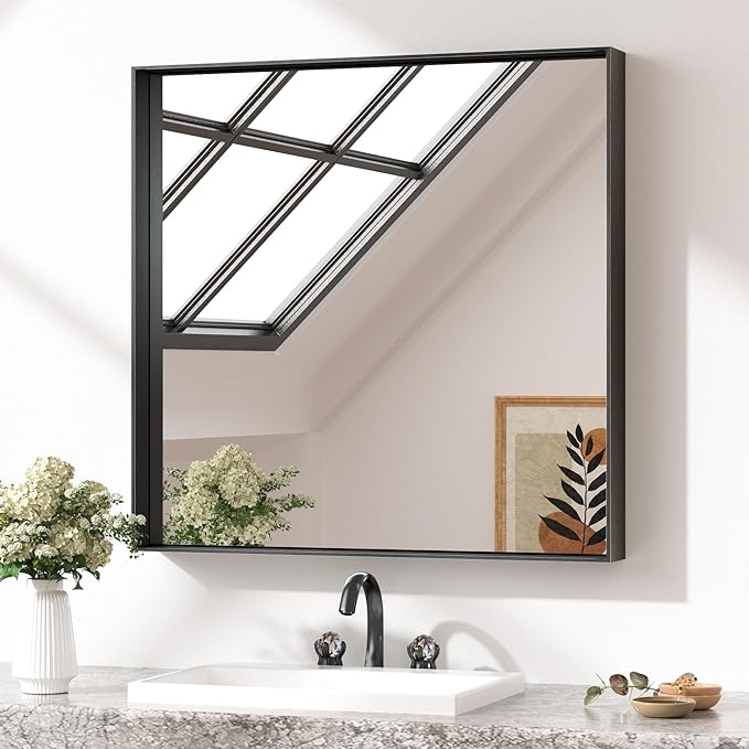 Keonjinn 30 x 30 Inch Black Bathroom Mirror for Over Sink Square Wall Mirror Matte Black Metal Framed Mirrors, Modern Farmhouse Rectangle Mirrors with Aluminum Alloy Frame(Horizontal/Vertical)