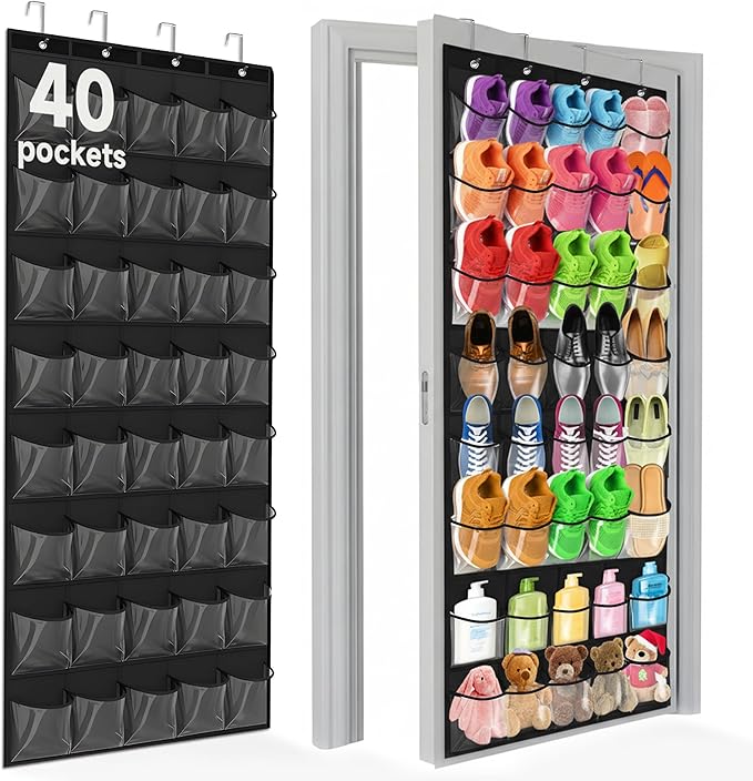 Over the Door Shoe Organizer with 40 Clear PVC Pockets – Waterproof Hanging Shoe Holder for Closet & Bathroom – Space-Saving Door Shoe Rack for Shoes, Toys, Toiletries & Snacks(Black)