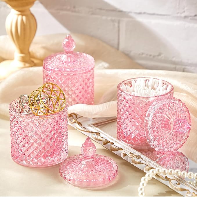 Aoriher 4 Pcs Crystal Glass Candy Jar Set with Lids Home Decorative Storage Jars for Apothecary, Bathroom, Kitchen, and Pantry, Ideal for Cotton Swabs and Jewelry(Medium,Pink)