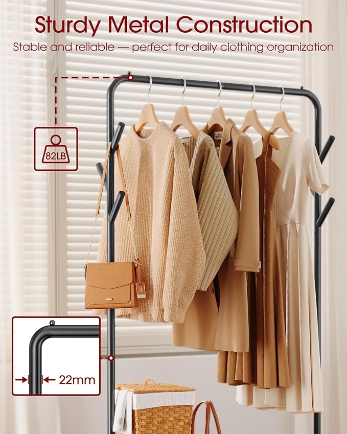 Clothes Rack - Metal Coat Rack with Bottom Shelf, Portable Wardrobe Rack with 6 Side Rods, Rolling Clothing Rack for Hanging Clothes for Bedroom or Laundry Room (Black, 28.7 x 17 x 59.4)