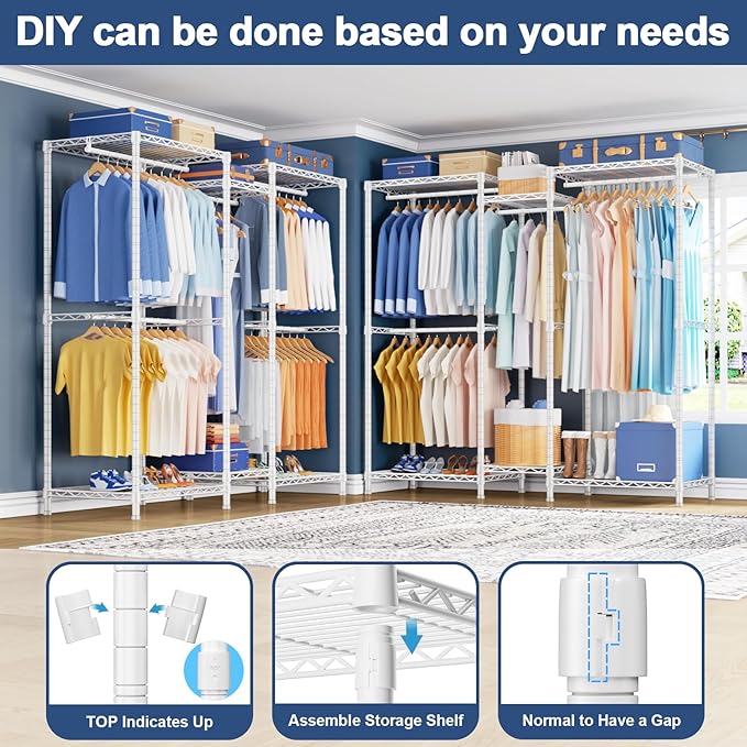 Ulif E12 Clothes Rack，Heavy Duty Freestanding Garment Rack with Shelves，Metal Clothing Closet Storage System for Hanging Clothes，57.1" W x 16" D x 76.5" H, Hold 860 lbs，White