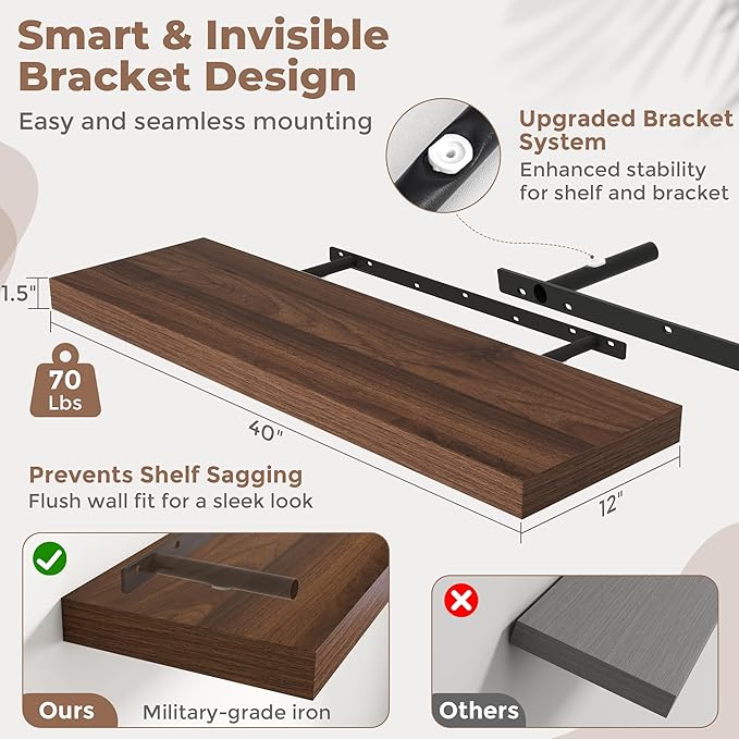 40 Inch Long Floating Shelves for Wall Set of 2, 12"D Wood Grain Bathroom Shelves with Invisible Brackets, Easy Install Engineered Wood Storage Shelves for Kitchen, Living Room, Bedroom, Walnut Finish