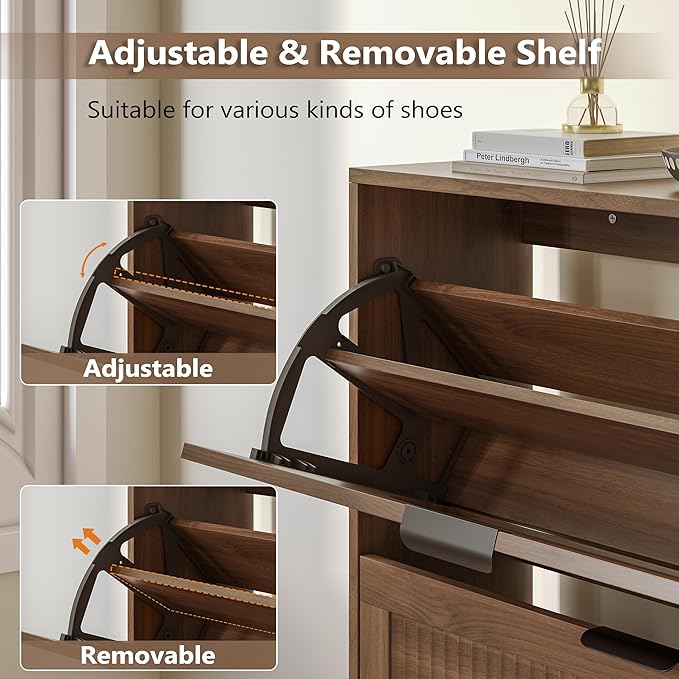 Shoe Cabinet for Entryway with 2 Flip Drawers, Slim Wooden Shoe Storage Organizer with Modern Fluted Pannel，Freestanding Narrow Hidden Shoe Rack for Hallway, Foyer, Living Room