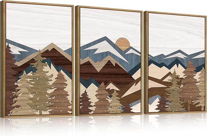 BINCUE Large Boho Mountain Wall Art Framed Mountains Wall Paintings Set of 3 Forest Mountain Sun Wall Decor Boho Landscape Artwork Rustic Mountains Art Prints for Living Room Bedroom Office Farmhouse 24x36 Inch Gift