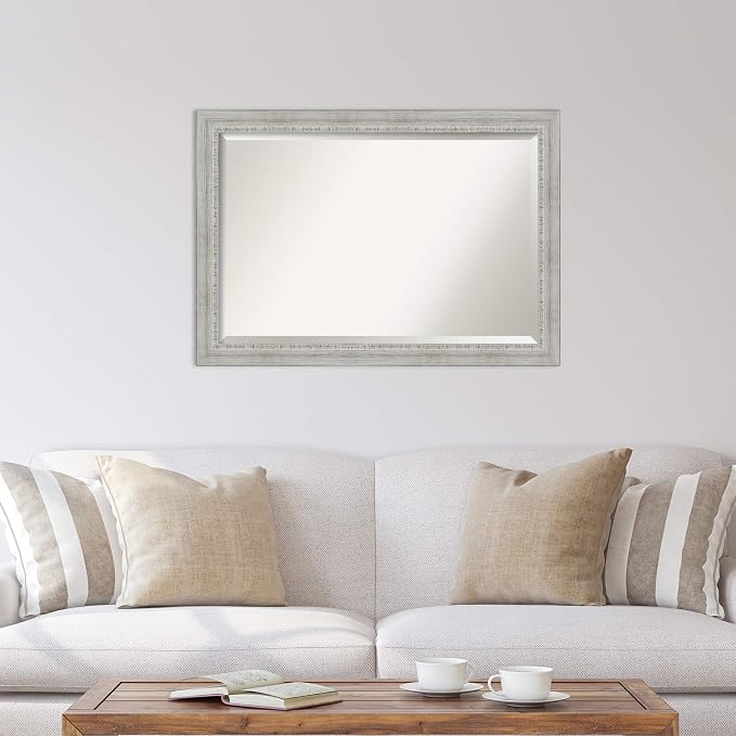 Amanti Art White Wall Mirror 28x40 Rustic White Wash Rectangle Bathroom Mirror for Wall Decor Living Room, Large Country Rustic Wood Frame, Hangs Horizonally and Vertically, Bathroom Decor, Beveled