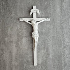 BC Catholic Crucifix Wall Cross, 10" H Jesus Christ Home Decor, Religious Gift, Wood Carved Look, Grey White Finish, Hand Painted by Buildclassic