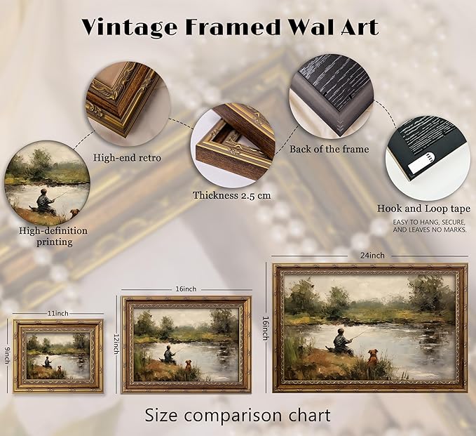 Vintage Gold Framed Wall Art Boy Fishing Country Oil Painting Canvas Prints Peaceful Lake Landscape with Dog Picture Rustic Farmhouse Poster Artwork for Nursery Living Room Bedroom, 12x16in