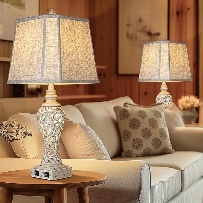 LuxSight Collection 28.5" Table Lamps Set of 2 - Bedside Lamp with Fabric Shades - for Bedroom and Living Room with USB and Nightlight - Perfect for Nightstands and Bedrooms