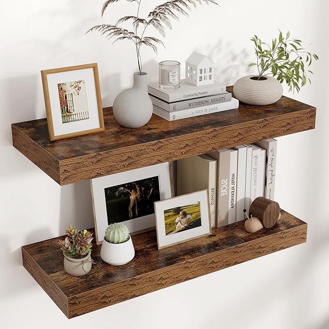 Venusmiles Floating Shelves for Wall, 30" W x 12" D x 2" H, 2 Pack of Long Wall Mounted Engineered Wood Shelves with Invisible Brackets for Living Room, Bedroom, Bathroom, Kitchen Decor, Brown
