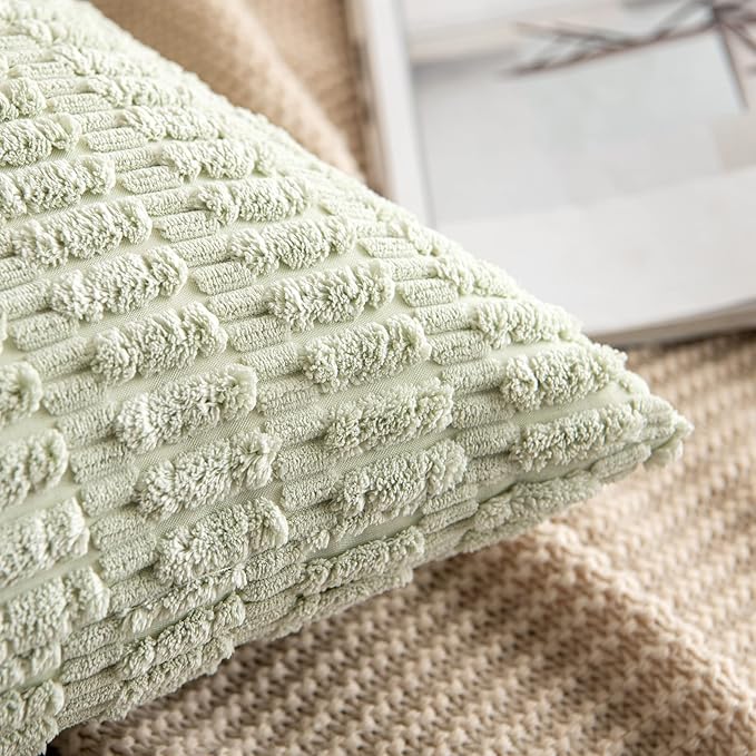 MIULEE Pack of 2 Spring Corduroy Decorative Euro Sham Throw Pillow Covers 24x24 Inch Soft Boho Striped Pillow Covers Modern Farmhouse Home Decor for Summer Sofa Living Room Couch Bed Light Green